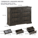 Lareth Farmhouse 6 Drawer Dresser for Bedroom 47 inch Wooden Double Chest of Drawers with Glass Top LED Light Charging Station One Secret Drawer Bedroom Closet Dresser Tv Stand for Living Room, Brown Lareth