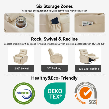 AIRSKY Leather Recliner Chair, Swivel Rocker Recliner Chair, Rocking Chair Nursery, Glider Rocking Chair with Thick Cushion, Oversize Glider Rocking Chair, Nursery Chair with High Back, R2, Beige AIRSKY