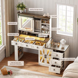 MDGC 60" W Farmhouse Makeup Vanity Desk with Sliding Mirror and Lights, Charging Glass Top Large Vanity Table with Jewelry Storage,Vanity Set with 6 Drawers,10 Shelves,Side Storage Cabinet,White MDGC