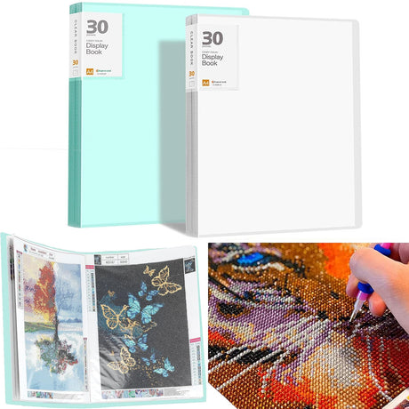 2 Packs A3 Storage Book for Diamond Art Portfolio Folder for Diamond Painting Accessories with 60 Pocket Slevees Protectors (2PCS-Green and White) ESEHGS