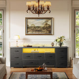 Huuger 63 Inch TV Stand for 65, 70 Inch TV, 11 Drawer Long Dresser with Power Outlets and LED Lights, Entertainment Center with Storage, Grey Dresser with PU Leather Surface Huuger