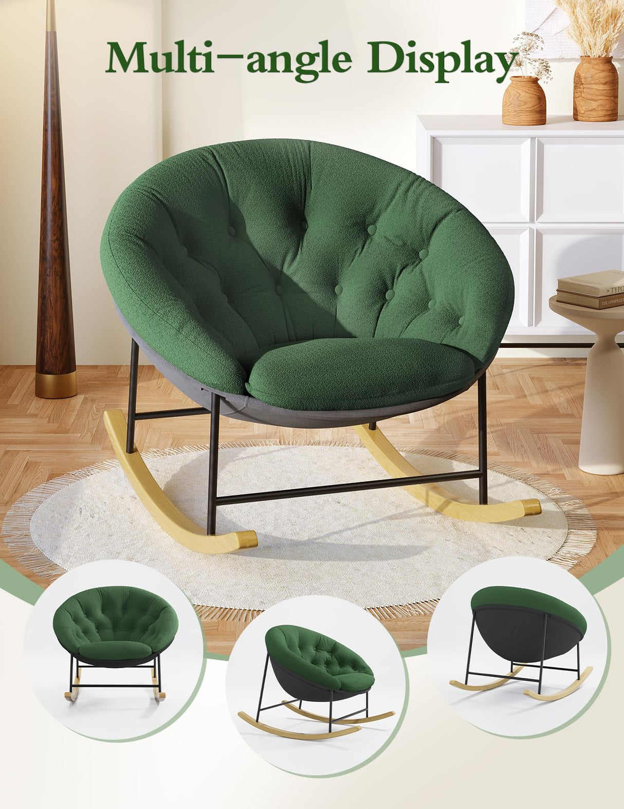 Kidirect Saucer Rocking Chair Nursery, Modern Upholstered Nursery Rocking Chairs and Round Comfy Chair with Cozy Cushion, Comfy Papasan Nursing Chairs for Reading, Fits Living Room &Bedroom &Classroom Kidirect