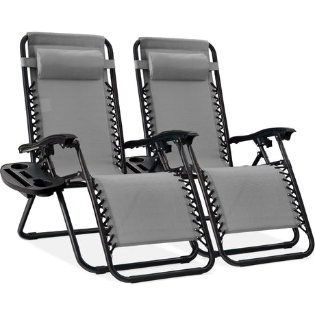 Best Choice Products Set of 2 Adjustable Steel Mesh Zero Gravity Lounge Chair Recliners w/Pillows and Cup Holder Trays - Ice Gray Best Choice Products