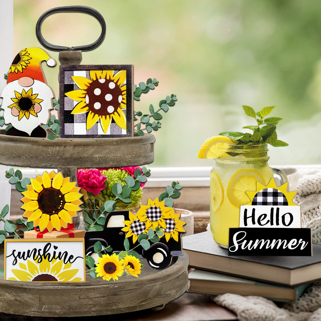Guoofu Summer Tiered Tray Decor, Farmhouse Sunflower Tray Decorations, Hello Spring Summer Sunflower Gnome Sunshine Truck Wooden Signs, Buffalo Plaid Rustic Home Decor for Table Mantel Office Party Guoofu