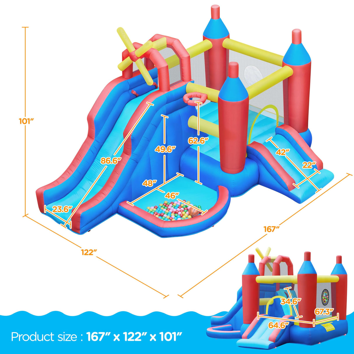 Yaheetech Inflatable Bounce House, 7-in-1 Bouncy Castle Combo w/Ball Pit & Bouncing Area & Slides & Basketball Game & Dart Game, Jump House for Kids Aged 3-10 w/Storage Bag & 470W Blower Yaheetech