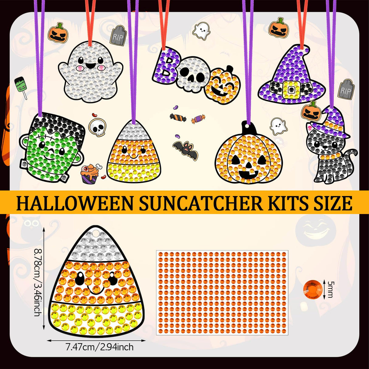 Gersoniel 36 Sets Halloween Window Art Suncatcher Kits, Diamond Art Ornament Kits with Ropes, Gem Suncatcher Fun Gemstone Sun Catcher, Diamond Crafts Gifts Gersoniel