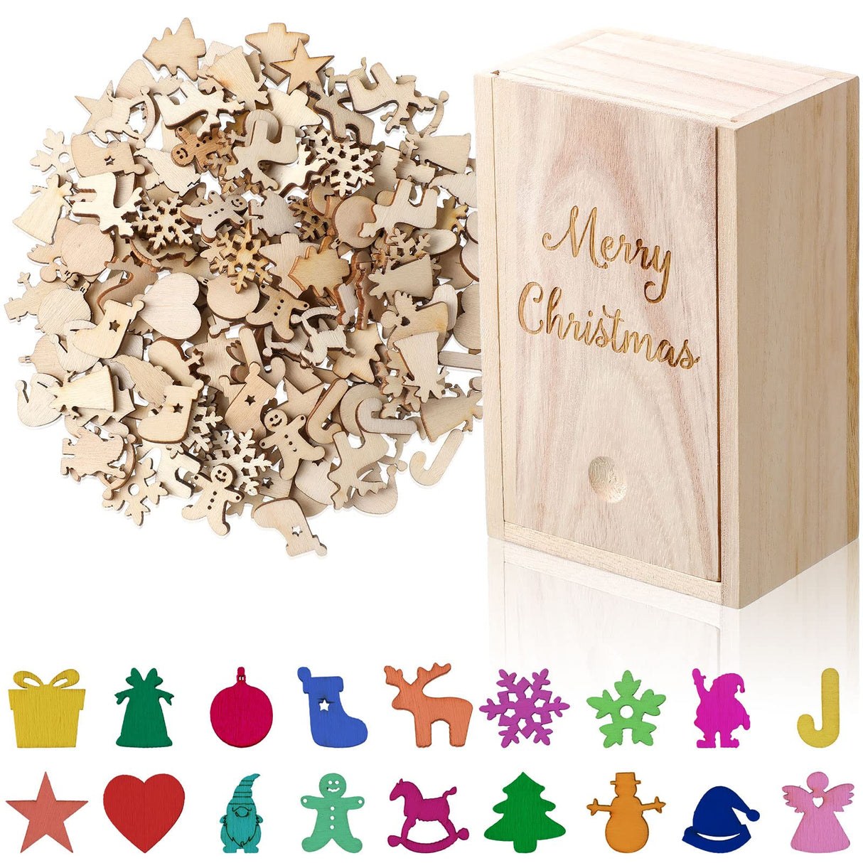 300 Pcs Unfinished Mini Wooden Ornaments Christmas DIY Mini Wood Cutouts with Storage Box for Crafts for Christmas Tree Hanging Crafts Home Decoration Gerrii