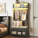 Gurexl 67” Farmhouse Hall Tree with Shoe Storage, Auto Sensor Wood Coat Tree with LED Lights, 3-in-1 Entryway Bench with Coat Rack, Hooks and Drawers for Hallway, Living Room (Dark Rustic Oak) Gurexl