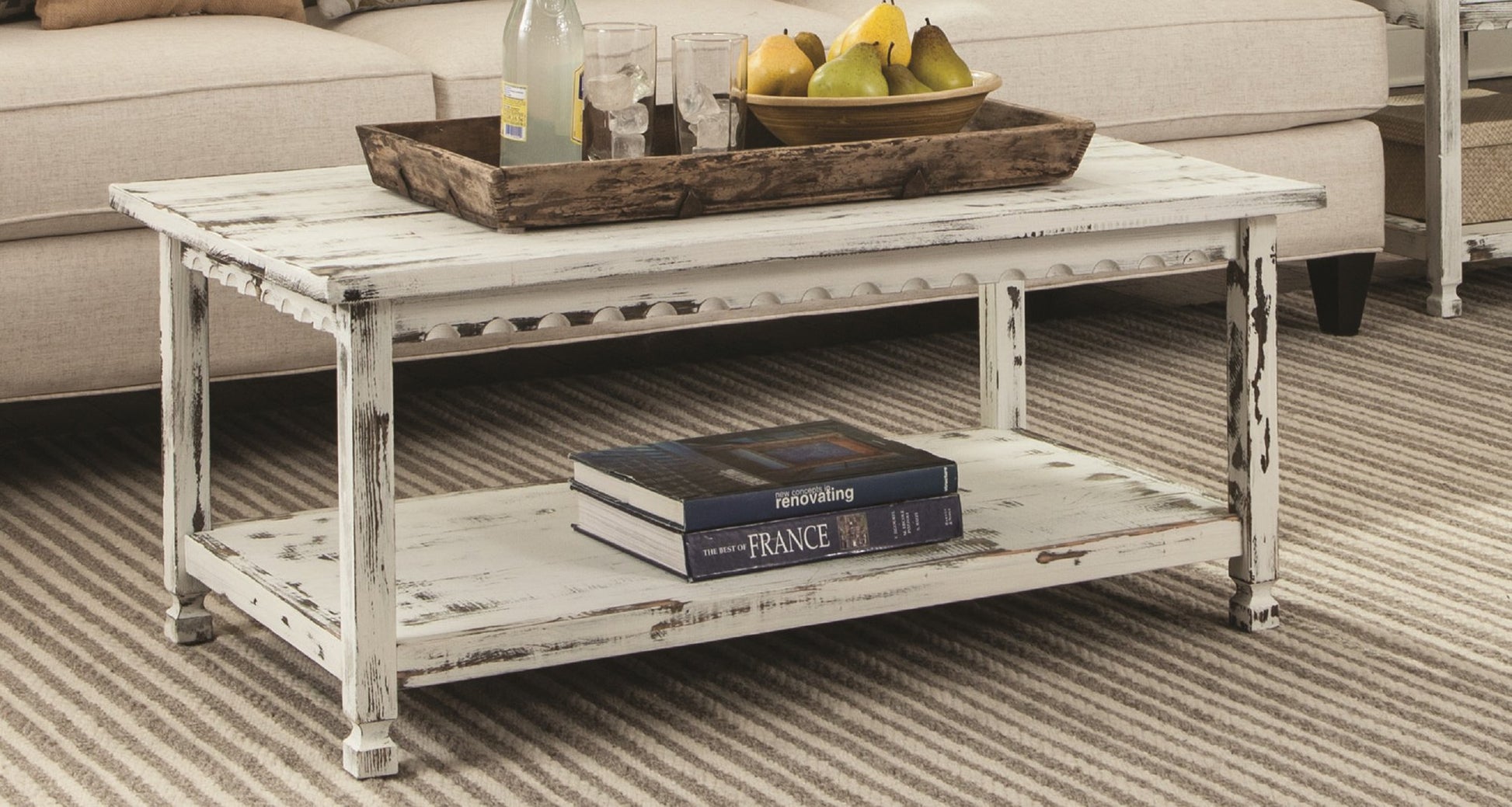 Rustic Rectangluar Coffee Table with 1 Shelf, White Antique - WoodArtSupply