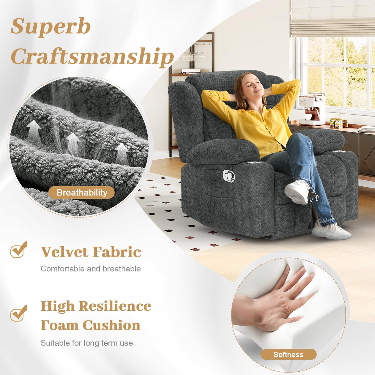 IROSTAE Recliner Chair for Adults, Oversized Fabric Manual Pull Tab Reclining Chair with Cup Holders, Minimalist Style Single Sofa for Living Room, RV (Grey) IROSTAE