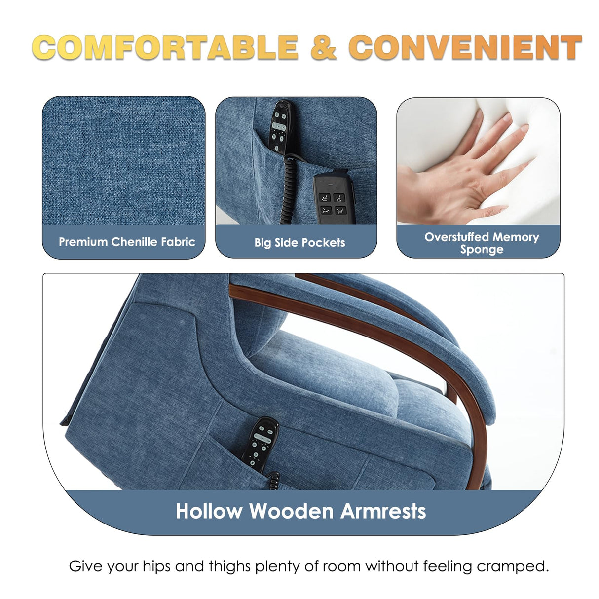 Trustyue Dual Motor Power Lift Recliner Chair, Lift Chair with Massage and Heat for Elderly, Lay Flat Recliner, Standing Assistance, Infinite Position Reclining, Living Room Chair, Chenille, Blue Trustyue