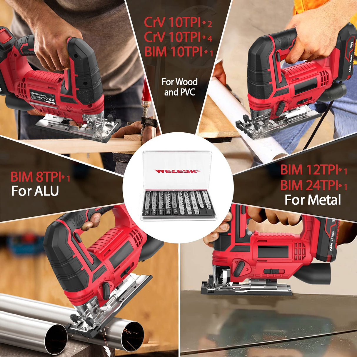 Irfora Jig Saw 20V Cordless Jigsaw for Woodworking with 4 Orbital Settings 2700 SPM 10-Piece T-Shank Blade Set 2.0 Ah Battery Fast Tool-Free Blade Clamp 45° Adjustment LED Light Parallel Saw Irfora