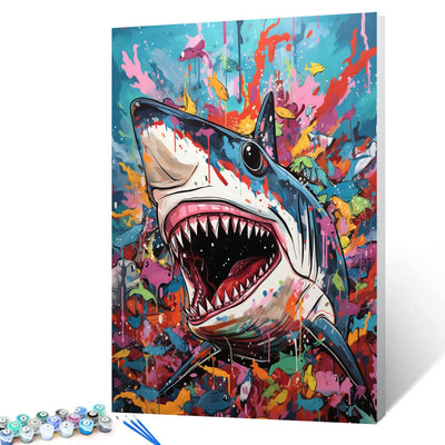 Graffitic Shark Paint by Number for Adults, Underwater World DIY Digital Oil Painting Kits on Canvas with Brushes and Acrylic Pigment, Aquarium Hand-Painted Style for Home Decor 16x20 inch(Frameless)