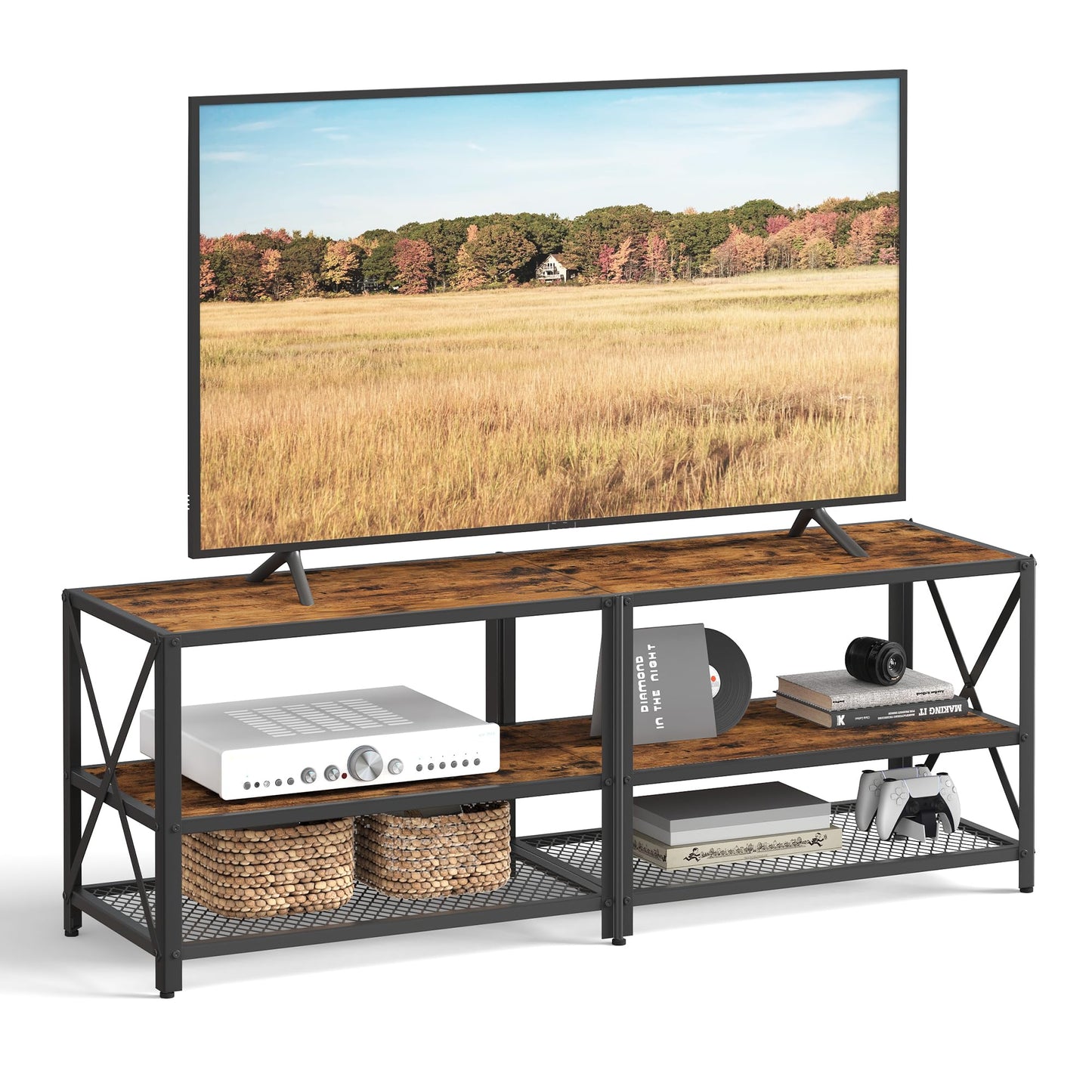 VASAGLE TV Stand, TV Console for TVs Up to 65 Inches, TV Table, 55.1 Inches Width, TV Cabinet with Storage Shelves, Steel Frame, for Living Room, Bedroom, Rustic Brown and Black ULTV094B01