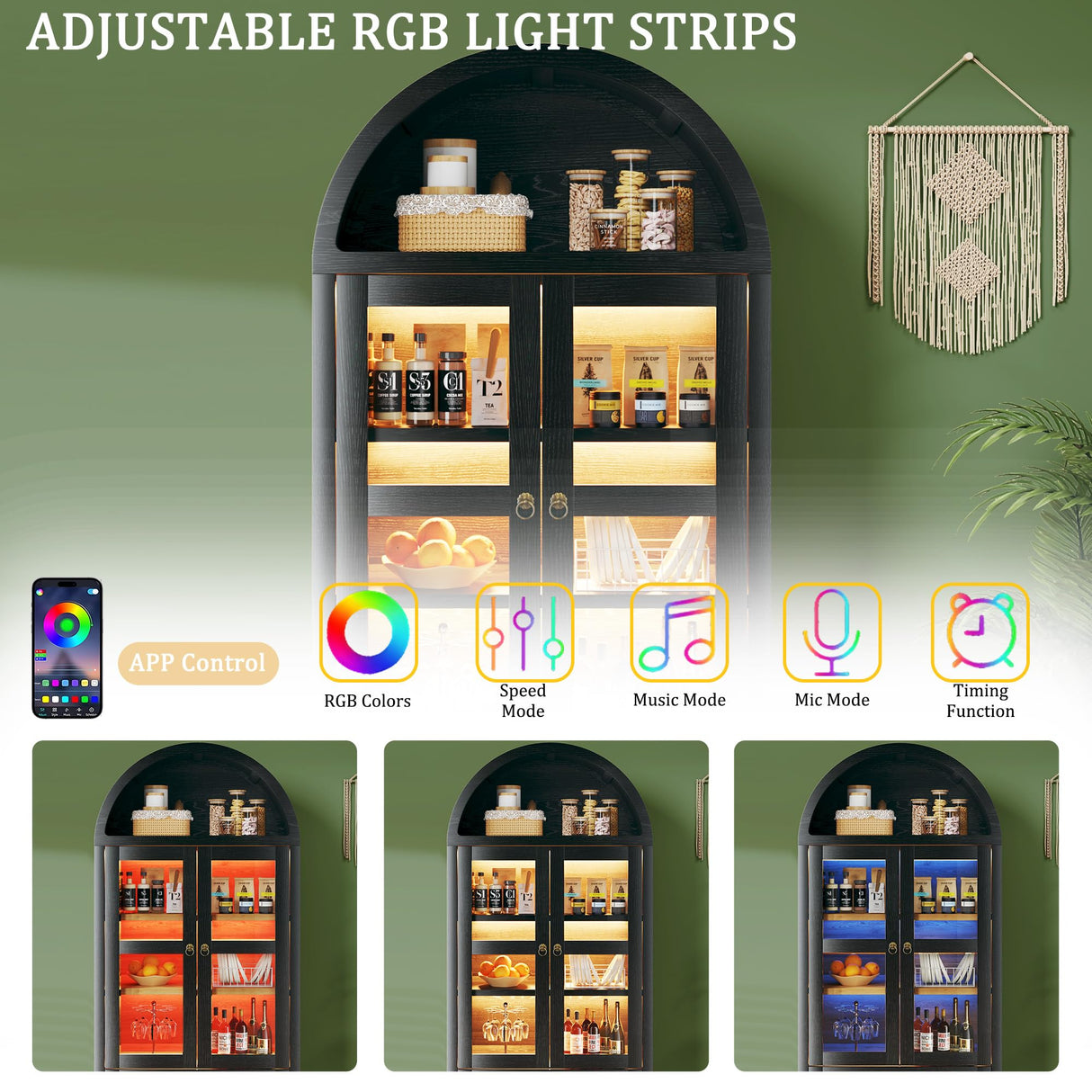 71" Tall Arched Kitchen Pantry, Pantry Cabinet with LED Lights, Kitchen Storage Cabinets with 2 Large Drawers & Adjustable Shelves & Glass Door for Living Room, Dining Room, Black LIMGLIM