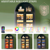 71" Tall Arched Kitchen Pantry, Pantry Cabinet with LED Lights, Kitchen Storage Cabinets with 2 Large Drawers & Adjustable Shelves & Glass Door for Living Room, Dining Room, Black LIMGLIM