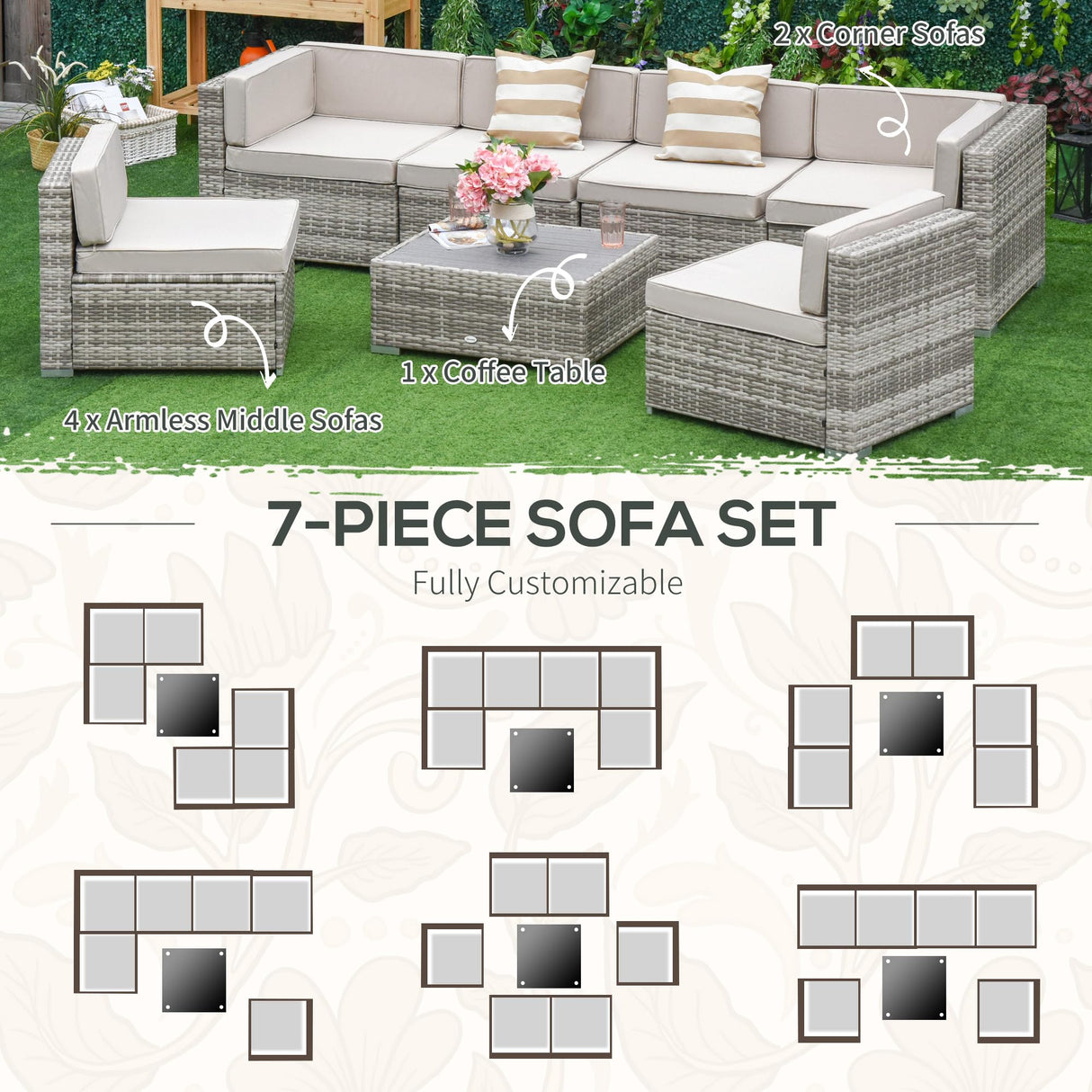 Outsunny 7-Piece Patio Furniture Set, Outdoor Wicker Conversation Set, All Weather PE Rattan Sectional Sofa Set with Cushions and Faux Wood Table, Stripe Pillows, Beige Outsunny