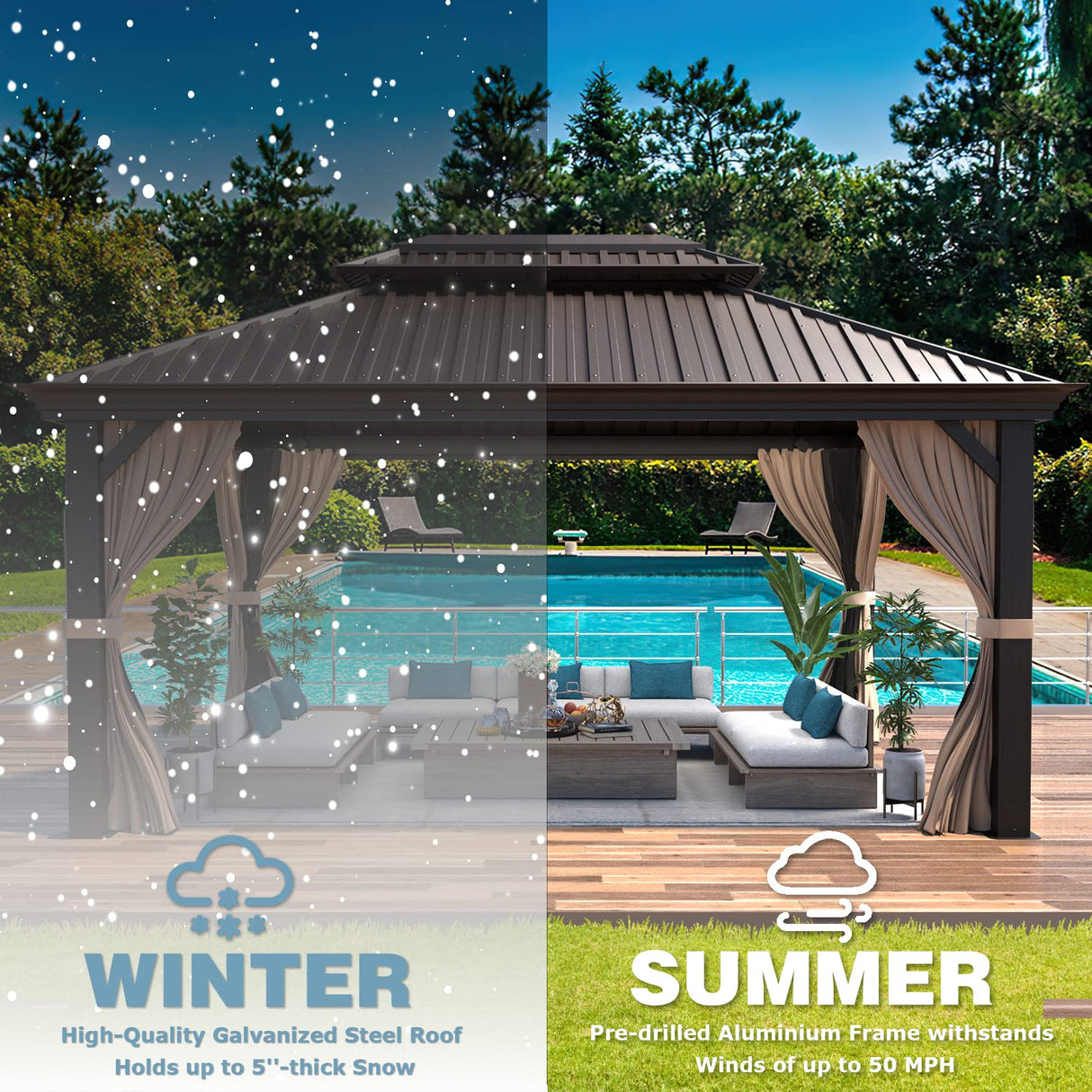 MELLCOM 12' x 16' Hardtop Gazebo, Galvanized Steel Metal Double Roof Aluminum Gazebo with Curtains and Netting, Brown Permanent Pavilion Gazebo with Frame for Patios, Gardens, Lawns MELLCOM