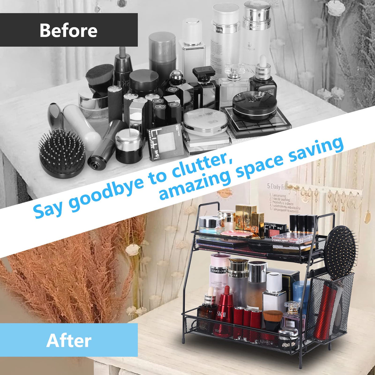 LEMIKKLE Countertop Organizer for Bathroom Counter, The Organizer for Bedroom, Spice Rack Organizer for Kitchen Counter Shelf with Small Basket(Black) LEMIKKLE