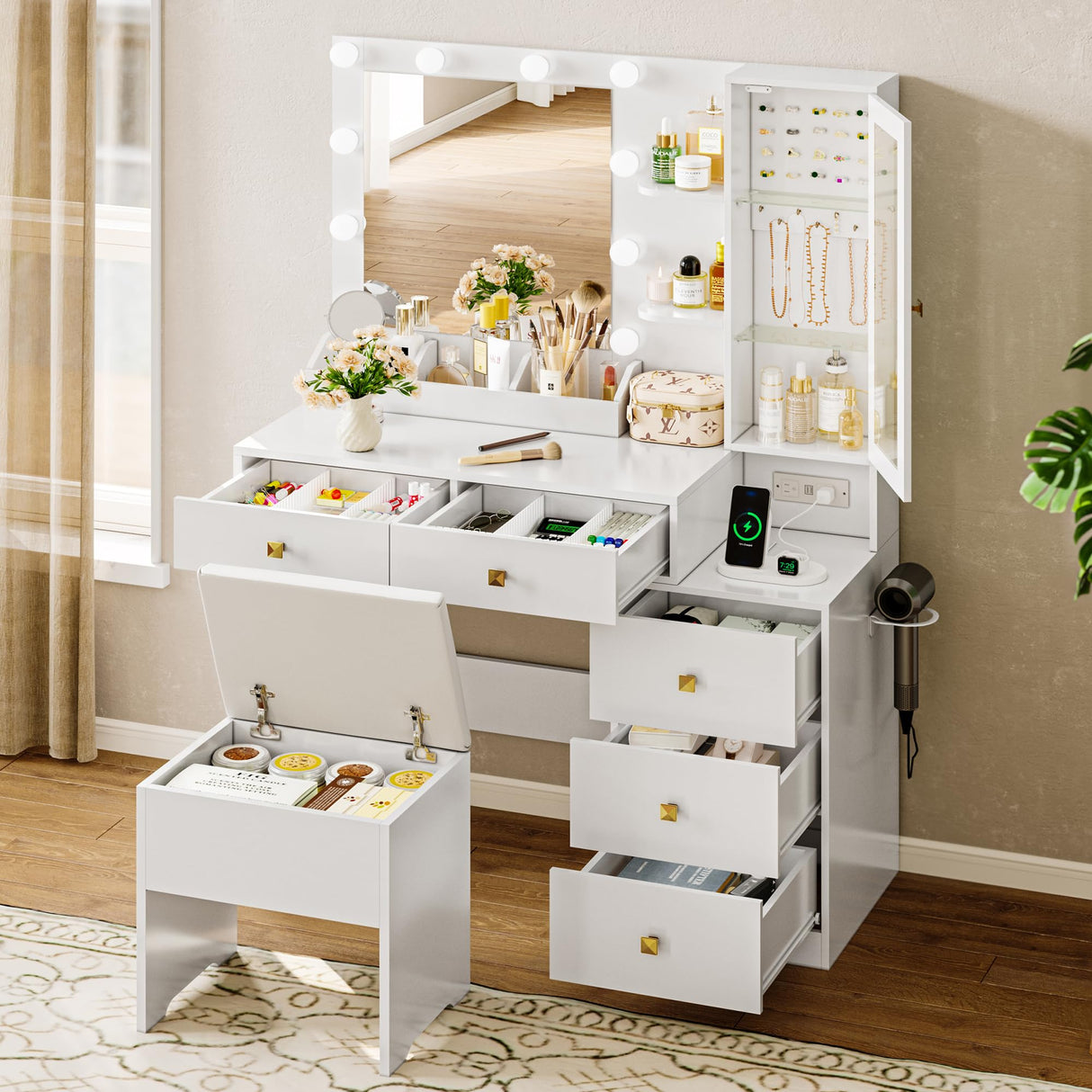 Vanity Desk with Mirror and Lights, White Makeup Vanity with 5 Drawers Hidden Jewelry Organizer& LED Glass Cabinet,3 Lights Mode and Brightness Adjusted,Vanity Mirror with Lights Desk and Chair HUANLEGO