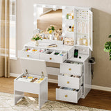 Vanity Desk with Mirror and Lights, White Makeup Vanity with 5 Drawers Hidden Jewelry Organizer& LED Glass Cabinet,3 Lights Mode and Brightness Adjusted,Vanity Mirror with Lights Desk and Chair HUANLEGO