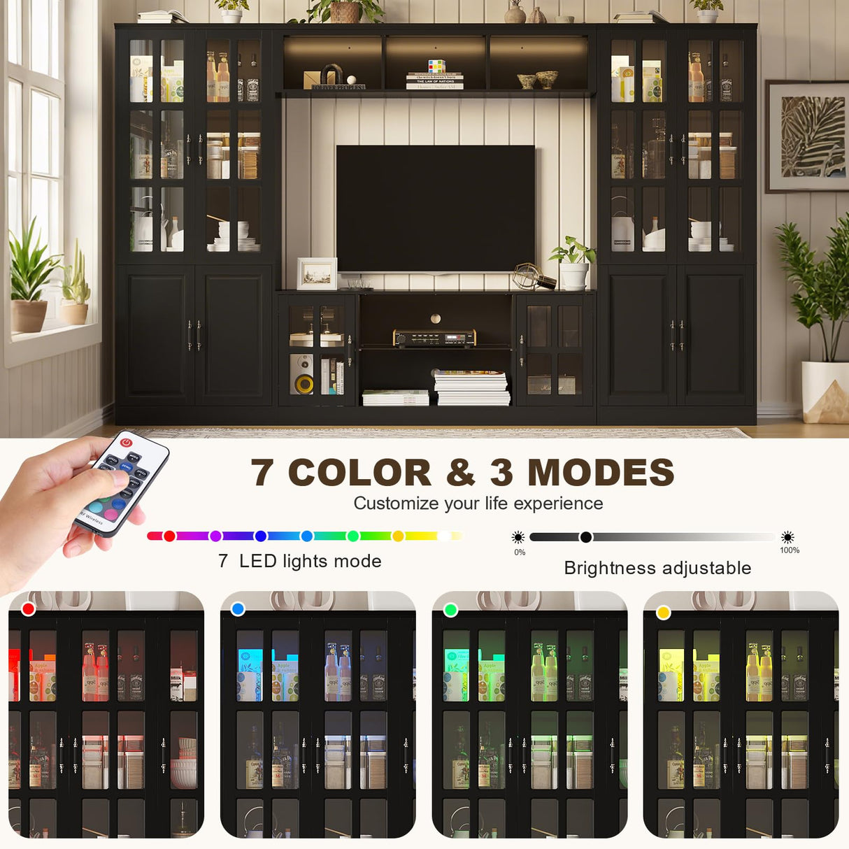 MEISSALIVVE 4-Piece Wall Unit TV Stand with Storage & LED Lights for TVs up to 75", Modern Entertainment Center with Bookshelves & 4-Door Pantry Cabinet, Black MEISSALIVVE