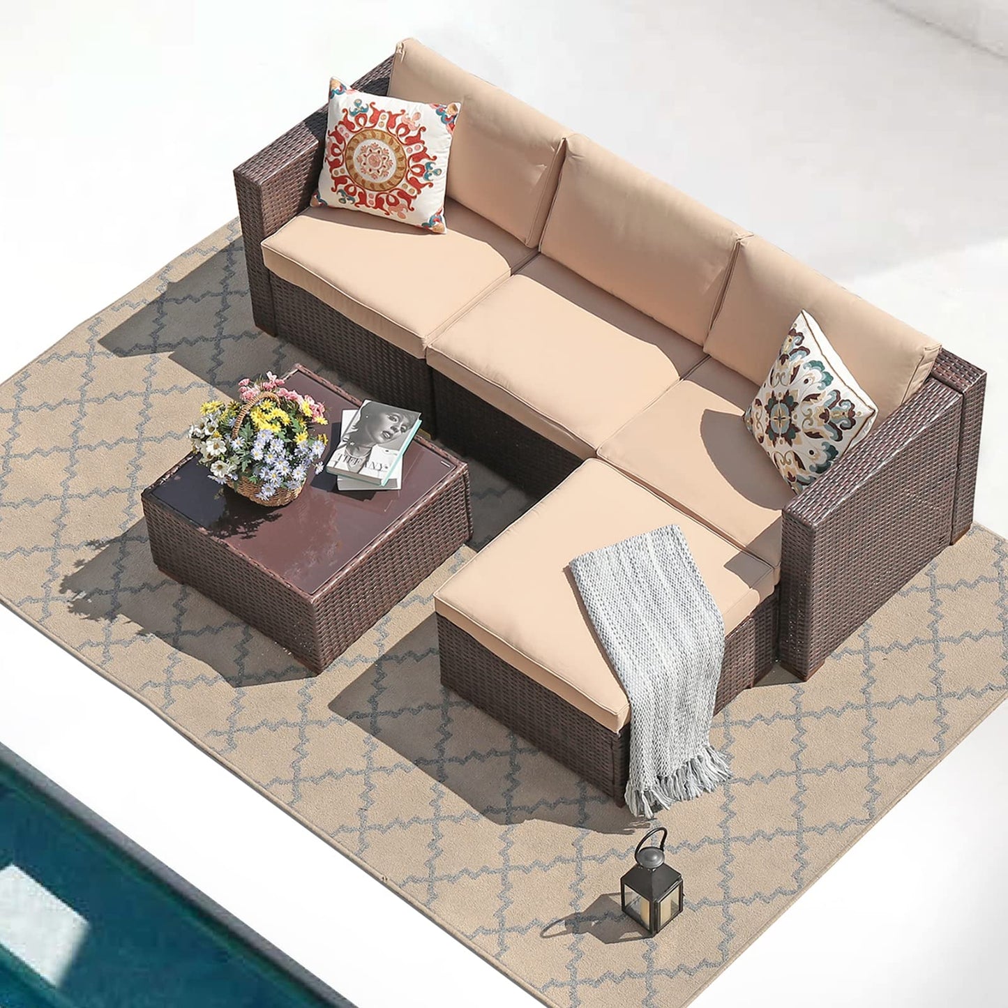 Patiorama 5 Piece Outdoor Patio Furniture Set, Outdoor Sectional Conversation Set, All-Weather Brown PE Wicker w/Beige Cushions, Outdoor Backyard Porch Garden Poolside Balcony Furniture Set