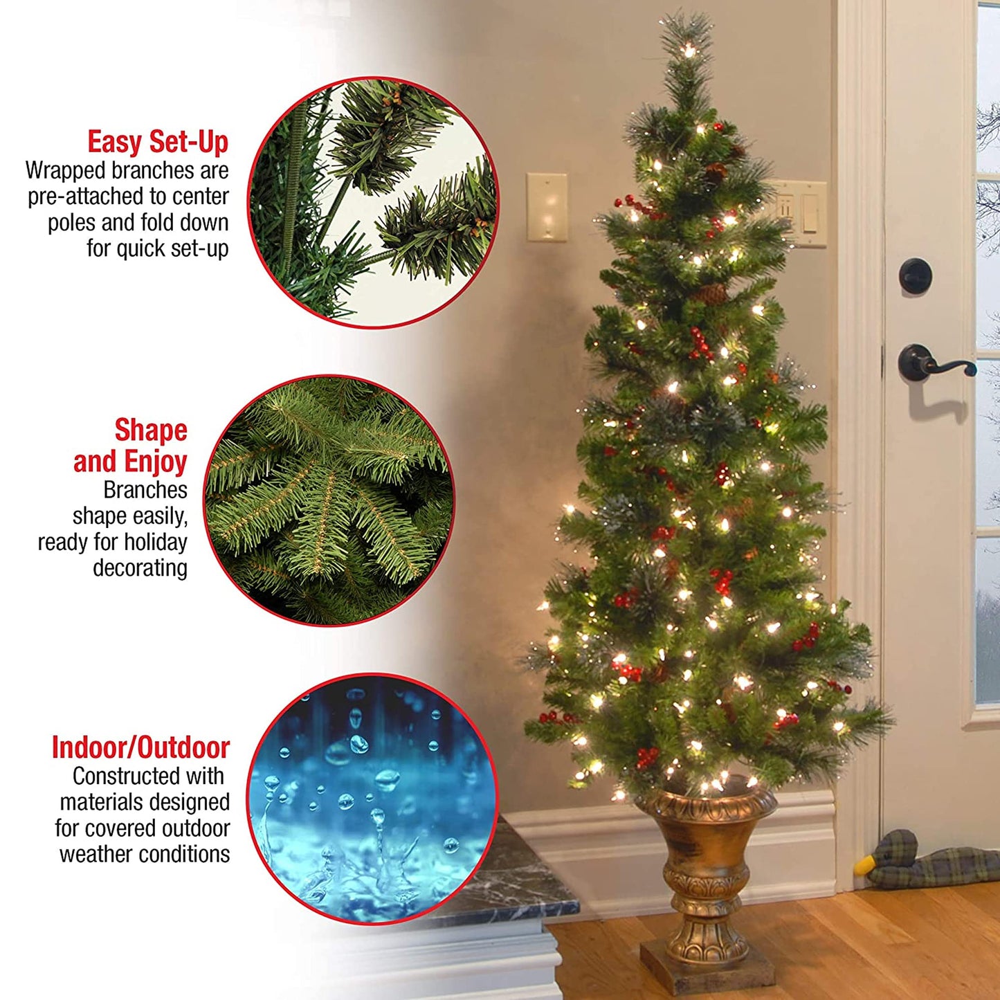 National Tree Company Pre-Lit Artificial Entrance Christmas Tree, Green, Crestwood Spruce, White Lights, Decorated with Pine Cones, Berry Clusters, Frosted Branches, Includes Pot Base, 5 Feet