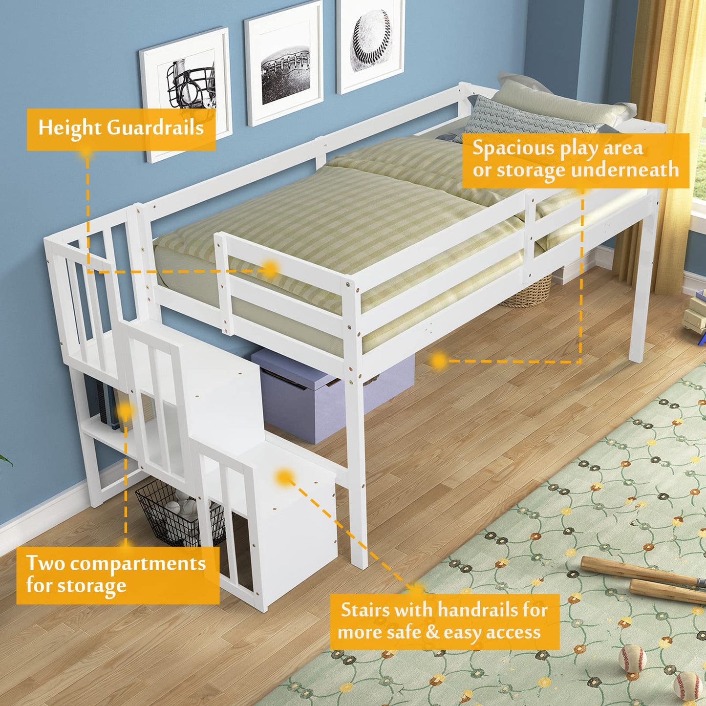 CITYLIGHT Twin Low Loft Bed with Staircase and Storage, White Wood Frame for Kids - WoodArtSupply