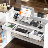 SDMY Reception Desk with Counter,70.9inch Front Counter Table with Transparent Display Case,Welcome Desk with 2 Drawers & Open Shelves for Reception Room,Office, Lobby, Cafe, Beauty Salon,White SDMY