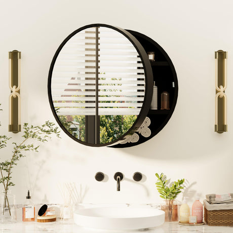 Royal Windsor 20 Inch Round Medicine Cabinet Mirror, Bathroom Mirror Wall Cabinet with Storage and Shelf, Surface Wall Mounted,Arched Cabinet Makeup Vanity Mirror for Bedroom, Black Royal Windsor