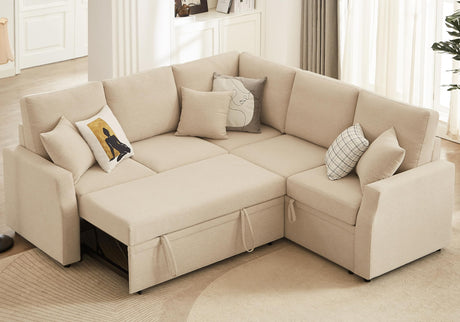 AMERLIFE 85 Inch Sofa Bed, Oversized L Shape Couch with Pull Out Bed & Storage Seat, Oversized Reversible Sleeper Sofa for Living Room Apartment, Beige Linen Couch AMERLIFE