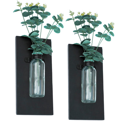 Zelura 2 Pack Wood Glass Wall Vases and Plants Artificial, Indoor Wood Hanging Vase, Modern Farmhouse Wall Decor for Bathroom Office and Living Room, Farmhouse Sconces Wall Décor (Black)