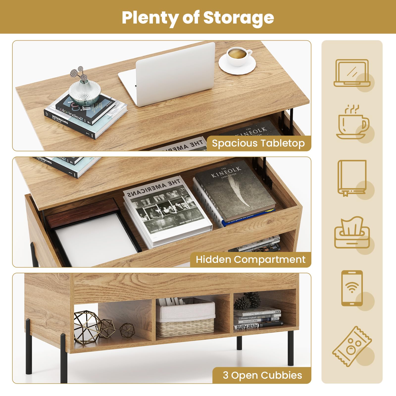 Tangkula Lift Top Coffee Table with Metal Legs, Rising Center Table w/Hidden Compartment & 3 Open Cubbies, Multifunctional Wood Dining Working Table for Living Room Reception Room (Natural) - WoodArtSupply