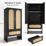 DWVO Rattan Armoire Wardrobe Closet - 70" Tall Rattan Armoire Closet with Doors, Large Storage Cabinet with Drawers & Hanging Rod/Bedroom Armoire - Black DWVO