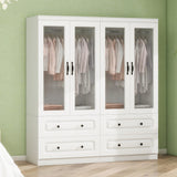 GraceGrove Armoire Wardrobe Closet with 4 Glass Doors and 4 Drawers, Closet Cabinet with and Hanging Rods and Storage, Wood Wardrobe for Bedroom, Tall Armoires and Wardrobes White GraceGrove