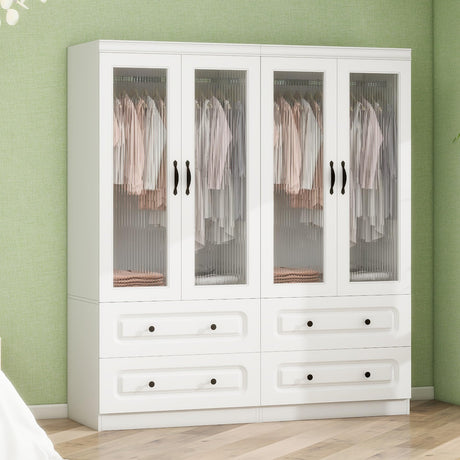 GraceGrove Armoire Wardrobe Closet with 4 Glass Doors and 4 Drawers, Closet Cabinet with and Hanging Rods and Storage, Wood Wardrobe for Bedroom, Tall Armoires and Wardrobes White GraceGrove