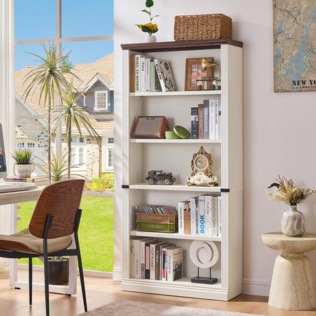 RWYHG 70" White Tall Bookshelf,5-Tier Thick Wooden Book Shelf with Adjustable Shelves,Free Standing Farmhouse Bookcase with Open Display Storage,Floor Vintage Bookshelves for Living Room,Office RWYHG