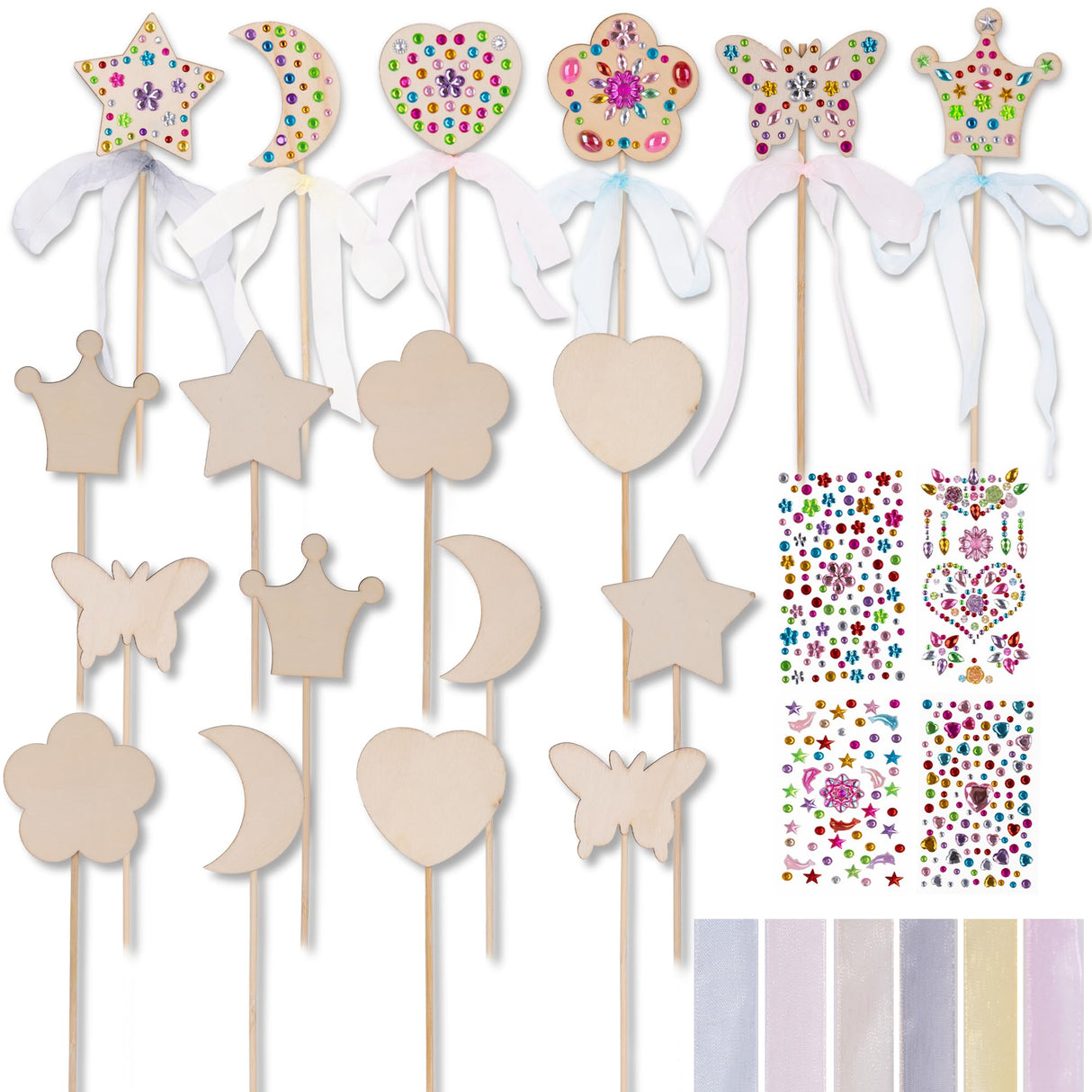 ArtCreativity Fairy Wand Kit, Includes 18 Wooden Wands, 18 Ribbons, and 5 Gem Sticker Sheets - Wand Decorating Kit - Birthday Party Crafts for Kids - Princess Party Activity ArtCreativity