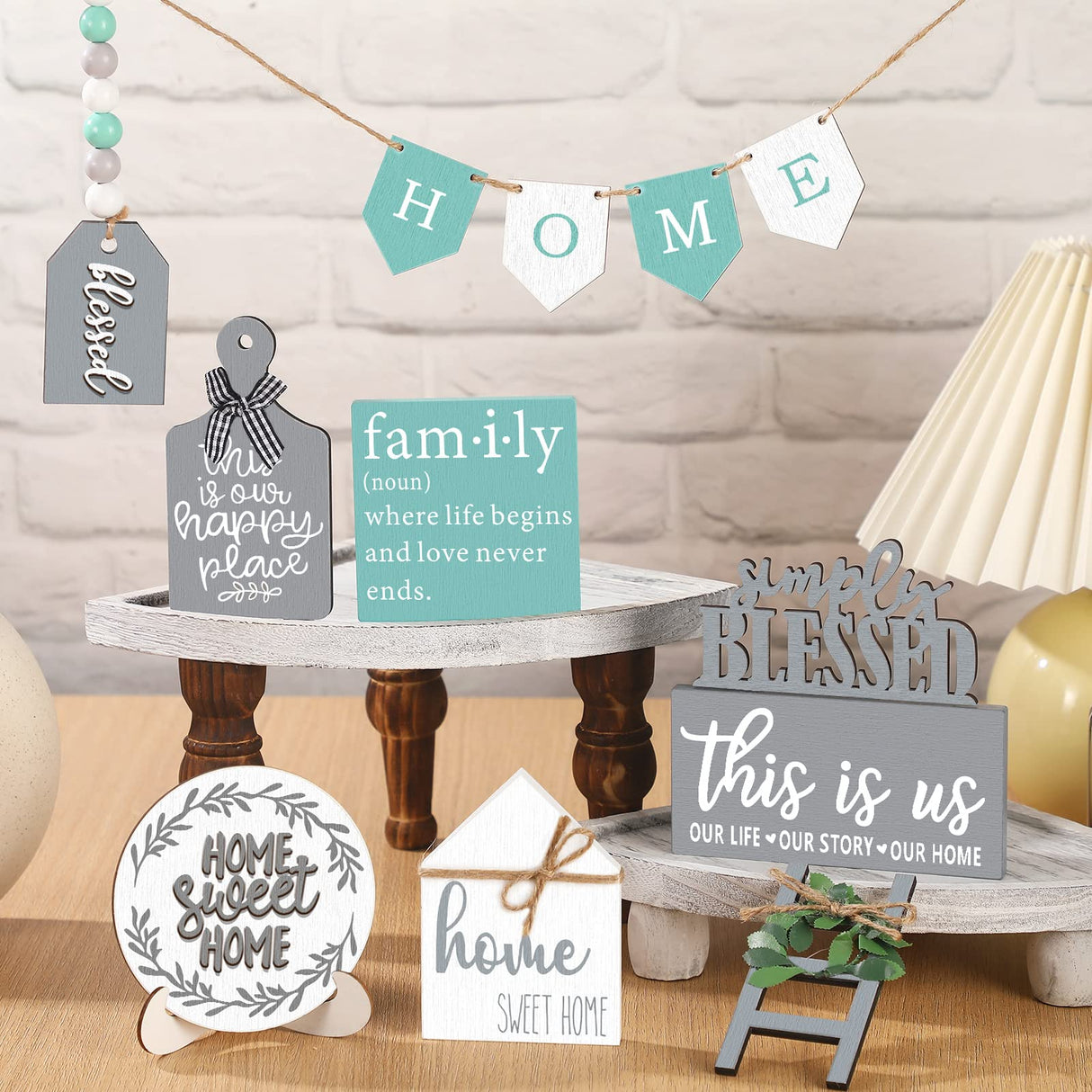 11 Pcs Farmhouse Tiered Tray Decor Home Wood Sign Rustic Home Sweet Home Simply Blessed Wooden Beads Tiered Tray Decorations Set for Home Kitchen Table FairySandy