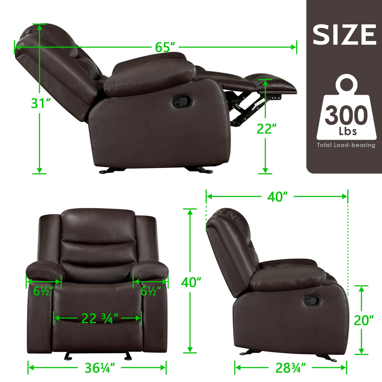 Prilinex Brown Rocker Recliner Chair - Oversized Leather Lazy Boy Recliner Chair with Overstuffed Armrest, Faux Leather Manual Reclining Chair for Living Room, Bedroom, Home Theater Prilinex