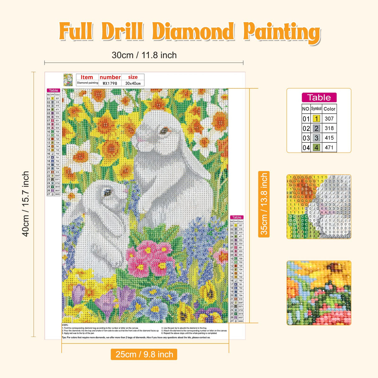 NAIMOER Easter Bunny Diamond Art Kits for Adults, Rabbit with Flowers Diamonds Art Kits, DIY 5D Full Drill Diamond Art Spring Diamond Dots Diamond Art Kits for Home Decor 30x40cm NAIMOER