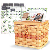 Primo Lines Recipe Box, Bamboo Recipe Organizer with 2 Slots Cellphone Stand, Kitchen Wooden Recipe Holder with 25 Recipe Cards 4"x6" and 12 Dividers, Wicker Picnicbasket Box Set Primo Lines