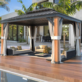 YOLENY 12' x 16' Ultra-Thick Faux Wood Grain Aluminum Frame Hardtop Gazebo, Vertical Stripe Galvanized Steel Double Roof, Outdoor Patio Gazebo Pergolas with Netting and Curtains YOLENY