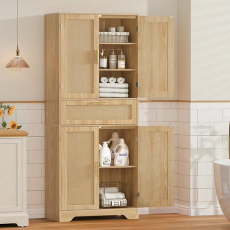 Iwell Tall Storage Cabinet with 2 Adjustable Shelves & Large Drawer, Rattan Cabinet with 4 Doors, Pantry Cabinets for Dining Room, Living Room, Home Office, Natural Iwell