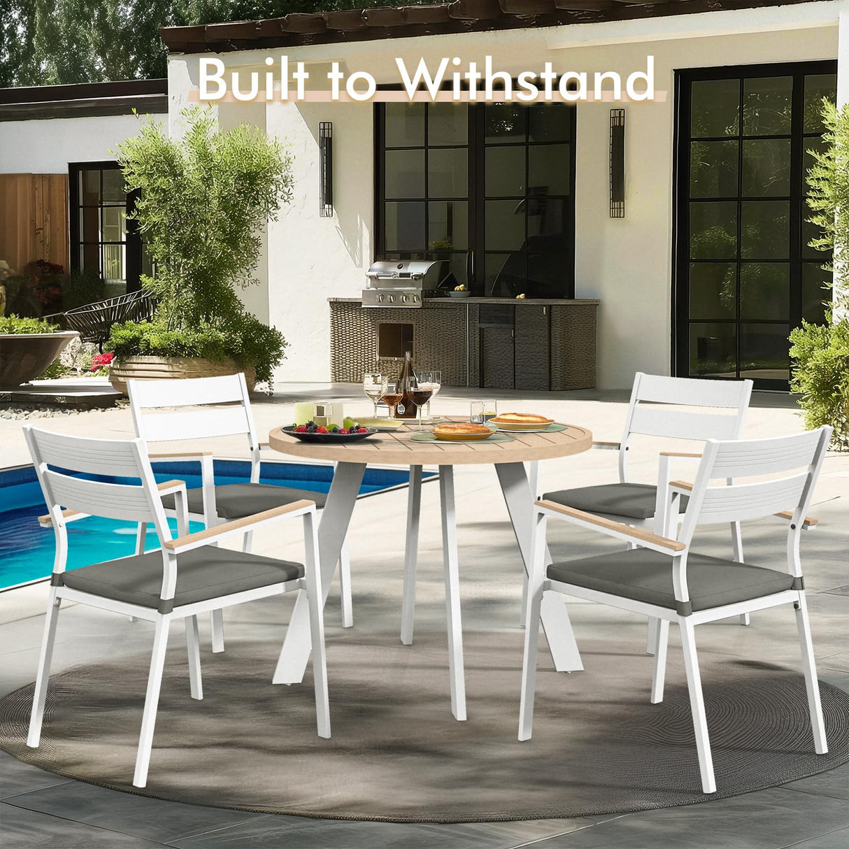 JOIVI 5 Piece Outdoor Dining Set, Aluminum Patio Furniture Dining Table and Stackable Chairs Set for 4 People, Wood Grain Tabletop with 2.05” Umbrella Hole, for Deck, Backyard, Gray Cushions JOIVI