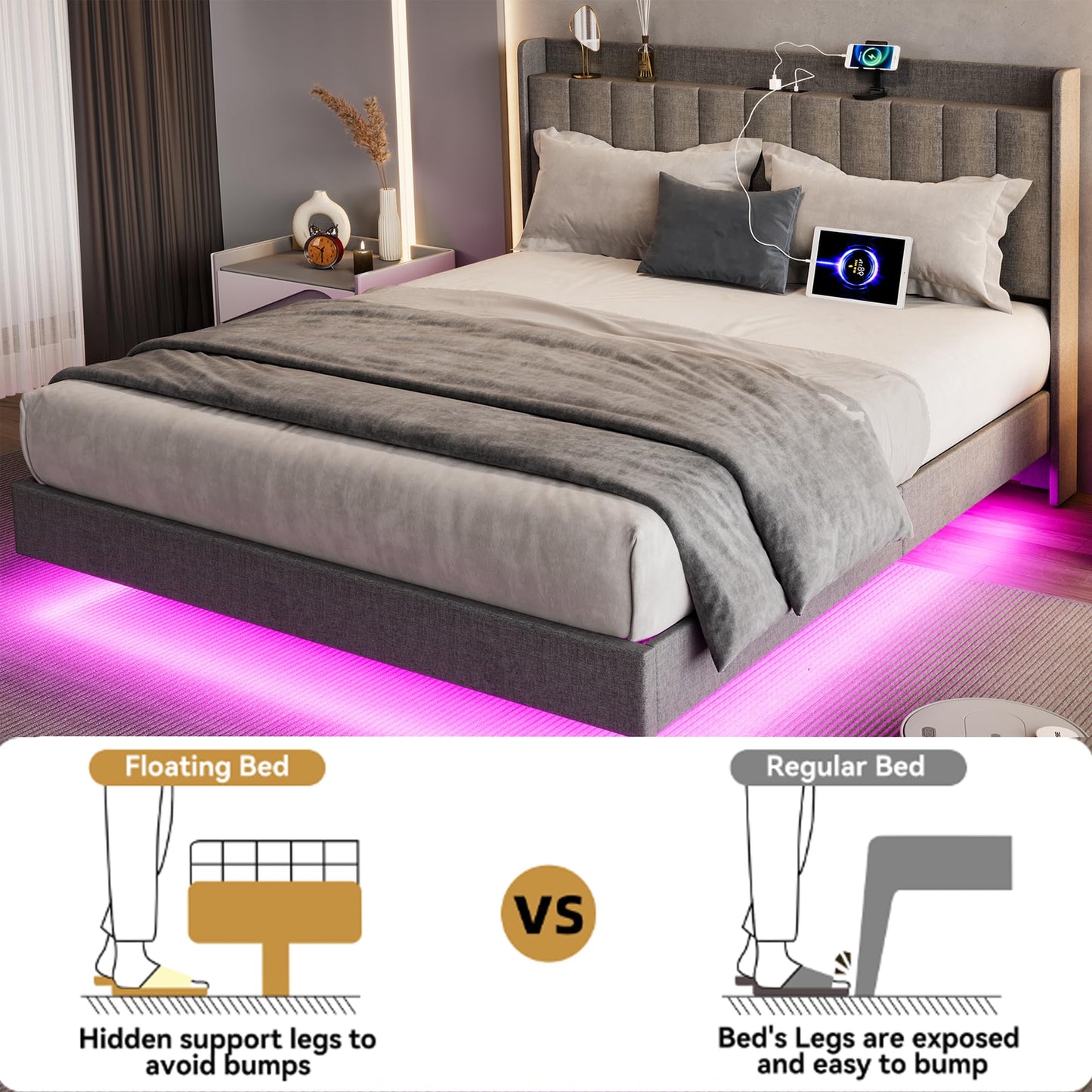 GAOMON Full Size Floating Bed Frame with LED Lighting, Charging Station, and Storage Headboard in Grey - WoodArtSupply