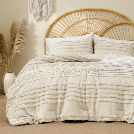 BEDELITE Boho Comforter Set Queen Size, Beige Tufted Striped Bed Set 3 Pieces, Soft Vintage Farmhouse Comforter for All Seasons, Boho Home Decor,Fluffy Jacquard Bedding with 2 Pillow Shams BEDELITE