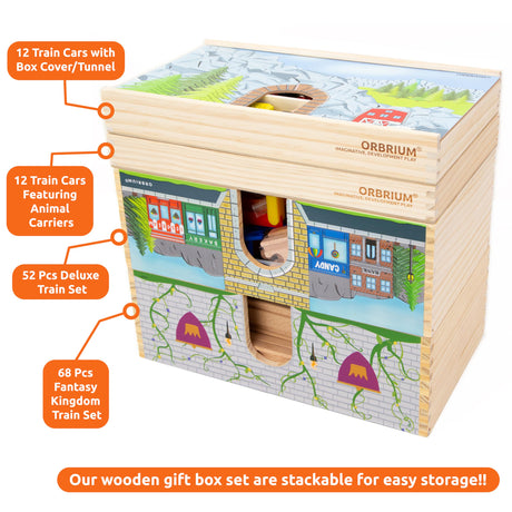 ORBRIUM 52 Pcs Deluxe Wooden Train Set with Wooden Storage Box Tunnel Compatible with Thomas, Brio, Melissa (Wooden Box - 52 Pcs Train Set) Orbrium