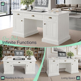 Jocisland 68" Executive Desk for Home Office & Study, Fluted Panel Computer Table with 3 Drawers and 2 Cabinets, Farmhouse Writing Desk – Pure White Jocisland